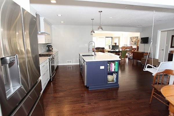 White Kitchen with Blue Island