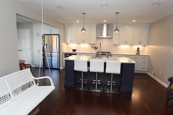 White Kitchen with Blue Island