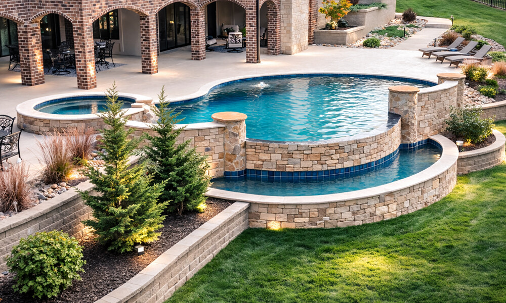 Freeform Pool & Spa with Elevated Stone Columns