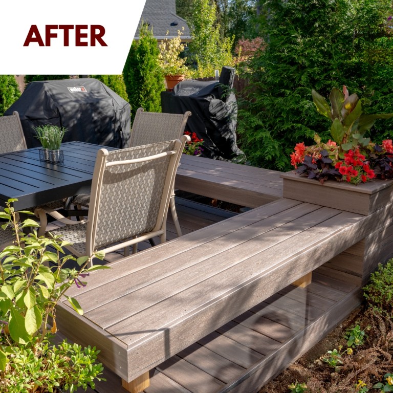 New deck with planter box, bench, and patio cover